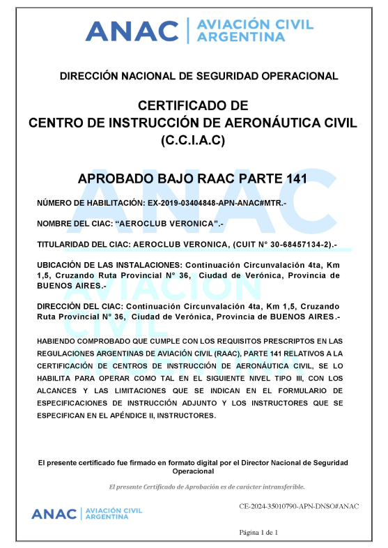 Certificado CIAC exportado del Sistema de Gestión Documental Electrónica del Aeroclub Verónica