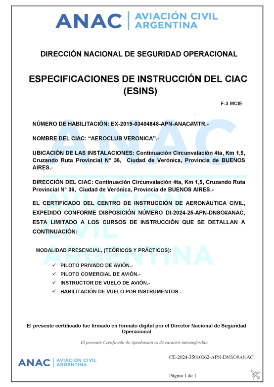 Especificaciones de Instrucción del CIAC exportado del Sistema de Gestión Documental Electrónica del Aeroclub Verónica